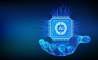 Hand holding AI microchip illustration vector