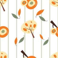 Trees and leaves on a green and white stripe background. Autumn seamless pattern for clothing, fabric, wallpaper, backdrop, home decoration, cover book, and wall art. vector