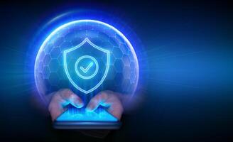 hands holding smartphone with security shield vector