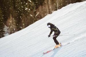 Close up freeze motion skier wearing helmet goggles carving on downhill looking at camera snowy slope pine forest background fast winter sport action concept. Unrecognizable intentional blur photo