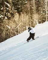 Side view male snowboarder wear black white on piste ski downhill fast motion in Alps. Active winter holidays, skiing downhill in overcast day. Pro rider on the track with swirls of fresh snow photo