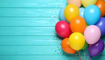 Bright party background with colorful balloons on a teal wooden surface with glitter. Cheerful and vibrant design with ample copy space for birthday or celebration themes. photo