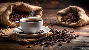 Hot cup of black coffee with steam and roasted beans on a rustic wooden table. Burlap sacks in the background create a warm, aromatic cafe or breakfast scene. Still life. photo