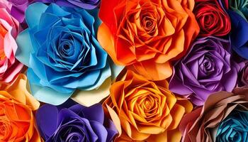 Macro shot of handmade paper roses multicolor floral design with folded petals. Abstract craft texture for festive or creative projects. photo