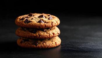 Three crispy chocolate chip cookies stacked on a dark surface dramatic side lighting photo