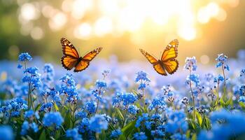 Two beautiful monarch butterflies flying over a field of blue forget-me-not flowers. Magical summer nature background with warm sunlight and bokeh. Concept of freedom and romance. photo