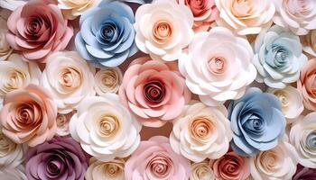 Elegant background of handmade paper roses in soft, vintage tones. Delicate floral wall texture with intricate papercraft flowers, perfect for wedding or romantic projects. photo