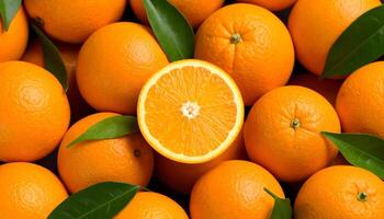 Top view of fresh ripe oranges with green leaves. One sliced orange in the center reveals a juicy texture. A vibrant, healthy citrus fruit background rich in vitamin C. photo