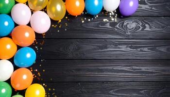 Festive party frame of colorful balloons and gold confetti on a black wood background. Vibrant birthday or celebration template with rustic texture and copy space for a message. photo
