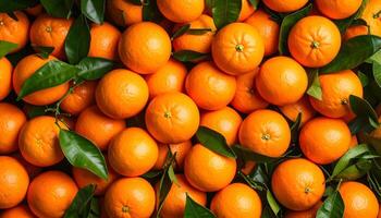 Top view of fresh ripe oranges with green leaves creating a vibrant background. Healthy and organic citrus fruit texture, rich in vitamin C. Perfect for food or summer concepts. photo