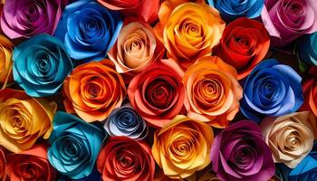 Vibrant background of handmade paper roses in bold, multicolor design. Macro of a floral wall with folded paper petals. Abstract craft texture for festive or creative projects. photo