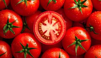 Top view of fresh red tomatoes with water droplets one tomato sliced in half showing. Healthy eating, vegetarian, and farm-fresh produce concept. Vivid food background. photo
