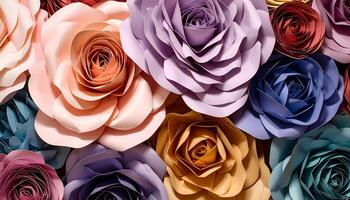 Detailed close up of large handmade paper roses in various soft hues. Elegant floral texture and background with intricate petal folds. Perfect for wedding or delicate designs. photo