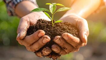 Close up of a farmer's hands holding a young plant with soil. Agriculture and environment concept for Earth Day, symbolizing growth, new life, hope, and a sustainable future. photo