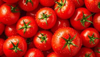 Top view of fresh red tomatoes covered in water droplets. A vibrant background of ripe, juicy vegetables. Concept of organic produce, healthy eating, and summer harvest. photo