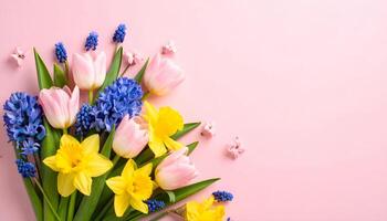 Beautiful bouquet of fresh spring flowers like tulips, daffodils, and hyacinths on a pink background. Colorful flat lay composition with copy space for Easter or Mother's Day greetings. photo