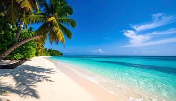 Tropical beach with clear turquoise sea white sand and palm trees under a bright sky clouds. Perfect for a summer background, travel, or paradise getaway concept. Serene and sunny. photo