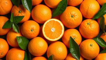 Top view of fresh ripe oranges with green leaves and one sliced orange in the center. A vibrant, healthy citrus fruit background rich in vitamin C. photo