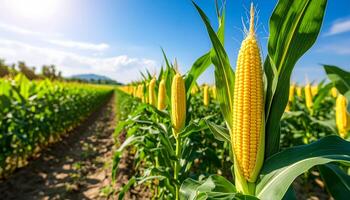 Close up of a ripe ear of corn in a green field on a sunny day. Agricultural landscape symbolizing harvest, organic food, and farming industry. Rows of corn under a blue sky. photo