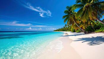 Idyllic tropical beach with white sand, turquoise water, and palm trees under a clear blue sky. Perfect for a summer vacation, travel, or paradise getaway concept. Serene and sunny. photo