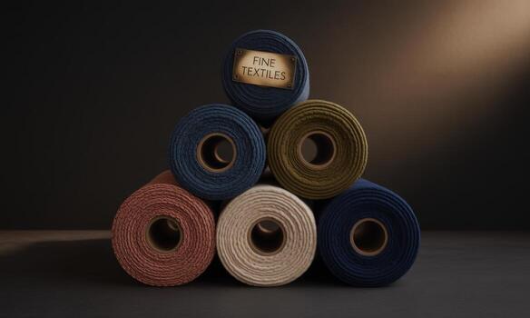 Pyramid stack of fine textile fabric rolls in various colors on a dark background photo