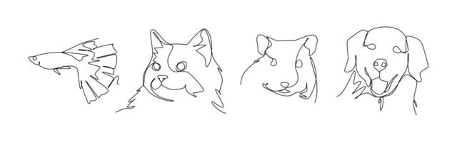 Set of pets in one line drawing style. Fish, cat, hamster, and dog. Editable illustration. vector