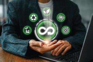 Visual representation of the circular economy with sustainability icons, highlighting eco-friendly and renewable business practices. photo