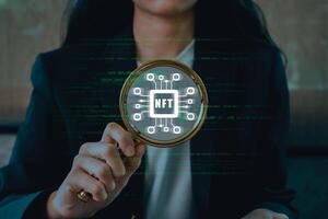 Explore the digital world of NFTs with this futuristic concept showcasing blockchain and cryptocurrency innovation. photo