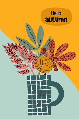 Flat illustration of a hand drawn autumn poster or card with abstract leaves shapes in mug. Minimalist composition perfect for seasonal decor.