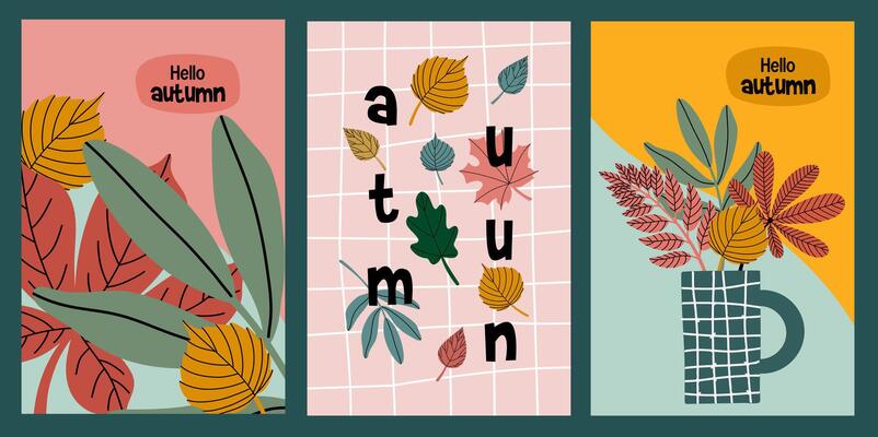 Flat illustration of a hand drawn set of autumn posters or cards with abstract leaf shapes and warm seasonal colors. Modern minimalist compositions perfect for seasonal decor or graphic design