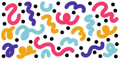 Colorful line doodle horizontal backdrop. Trendy design with basic shapes. Party confetti texture on white background vector