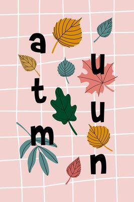 Flat illustration of a hand drawn poster or card with abstract leaves shapes and black letters Autumn. Minimalist composition perfect for seasonal decor.