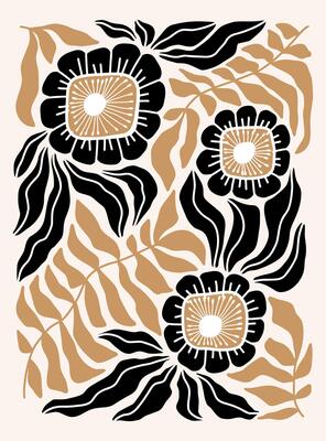 Flat Illustration inspired by Henri Matisses cut out style with monochrome abstract flowers and leaves, hand drawn and arranged on a white background.