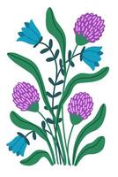 Flat illustration of hand drawn poster featuring isolated delicate bouquet of wildflowers, including clover and bell flower on white background. Botanical composition in a minimal style vector