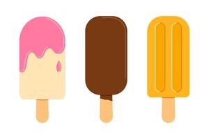 Set of ice cream on stick. Frozen juice on wooden stick and chocolate ice cream. Summer dessert. Flat isolated illustration vector