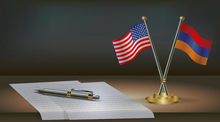 USA and Armenia flags on table in office. International relations on a dark gradient color background.