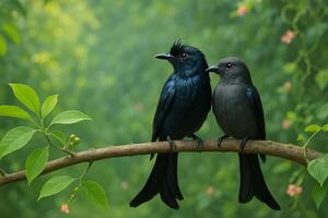 image of a male and female hair crested drongo perched together on a forest branch surrounded by vibrant green leaves and soft floral background in natural daylight photo