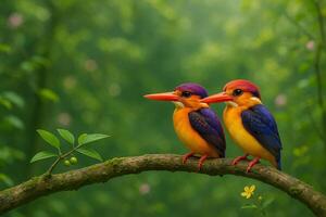 image of a male and female oriental dwarf kingfisher perched on a mossy branch in a vibrant green forest with natural daylight and serene tropical atmosphere photo