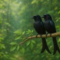 image of a pair of black drongos perched on a leafy branch in a lush green forest with soft background and vivid daylight ideal for nature themes and editorial use photo