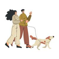 Man and Woman Character Walking Dog Pet with Leash as Domestic Animal Illustration vector