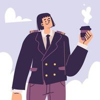 Pilot Woman Character in Uniform with Tie Drink Coffee Illustration vector