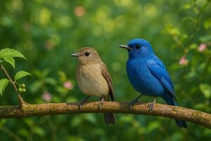 realistic image of male and female Cyornis unicolor birds perched on a mossy branch in a lush forest with clean background and vibrant daylight for flexible usage and design space photo