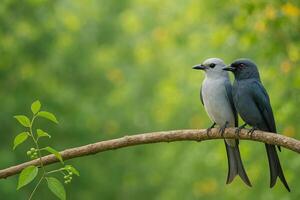 image of a male and female ashy drongo perched closely on a forest branch in daylight with soft focus greenery and flowers in the background photo