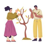 Couple pruning a tree in the garden vector
