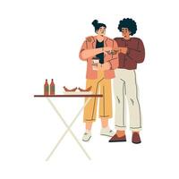 Man and Woman Character at Table with Sausage Relaxing in Nature in the Park Have Barbecue Illustration vector
