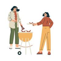 Woman Character Standing Grill Sausage Relaxing in Nature in the Park Have Barbecue Illustration vector