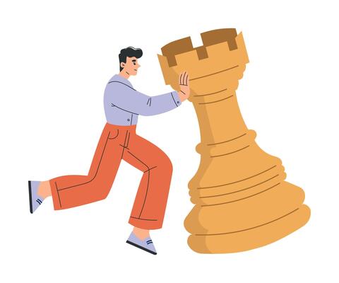 Man Character with Big Chess Rook Piece Illustration