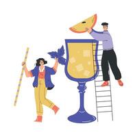 Man and Woman Character with Big Cocktail Glass on Ladder Add Apple Slice Illustration vector