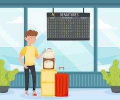Man Travel with Suitcase Wait for His Flight Enjoy Vacation Illustration vector
