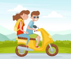 Man and Woman Ride Scooter Travel with Backpack Enjoy Vacation Illustration vector
